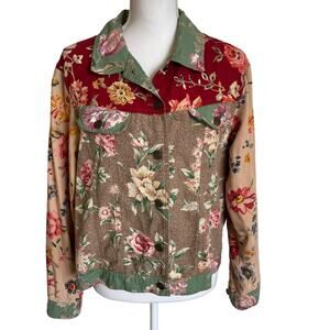Stonebridge Trucker Jacket Size Large Tan Red Green Multi Floral Patchwork Boho